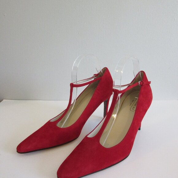 COACH Red Suede Marjorie Size 10 B T-Strap Pointed Toe Heels - Picture 1 of 6